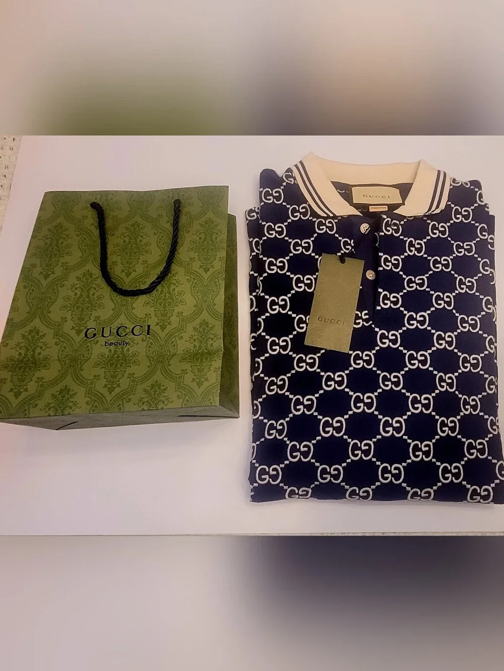 🇮🇹 Gucci Navy Blue GG 👕Jacquard Polo with Cream Collar🇮🇹